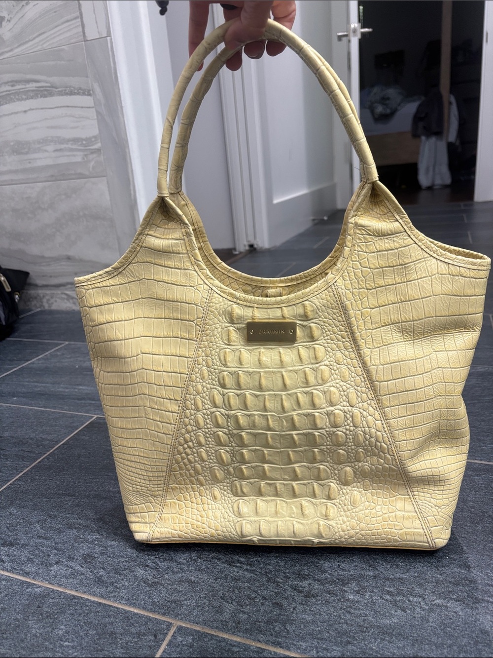 Brahmin Butter Yellow Melora Croc-Embossed Leather Tote